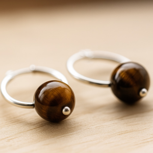 PENDIENTES ARO PLATA Y PIEDRA 8mm- OJO DE TIGRE